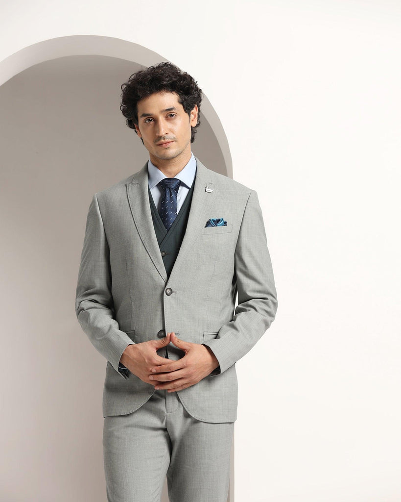 Three Piece Grey Textured Formal Suit - Amtopm