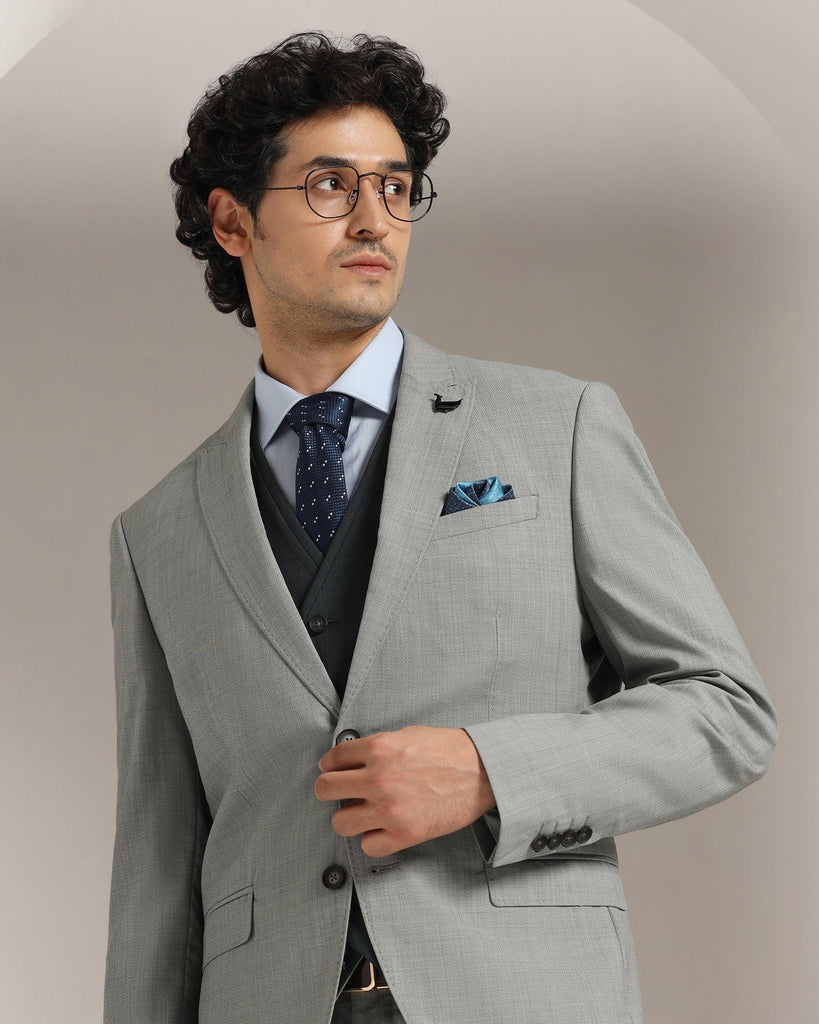 Three Piece Grey Textured Formal Suit - Amtopm