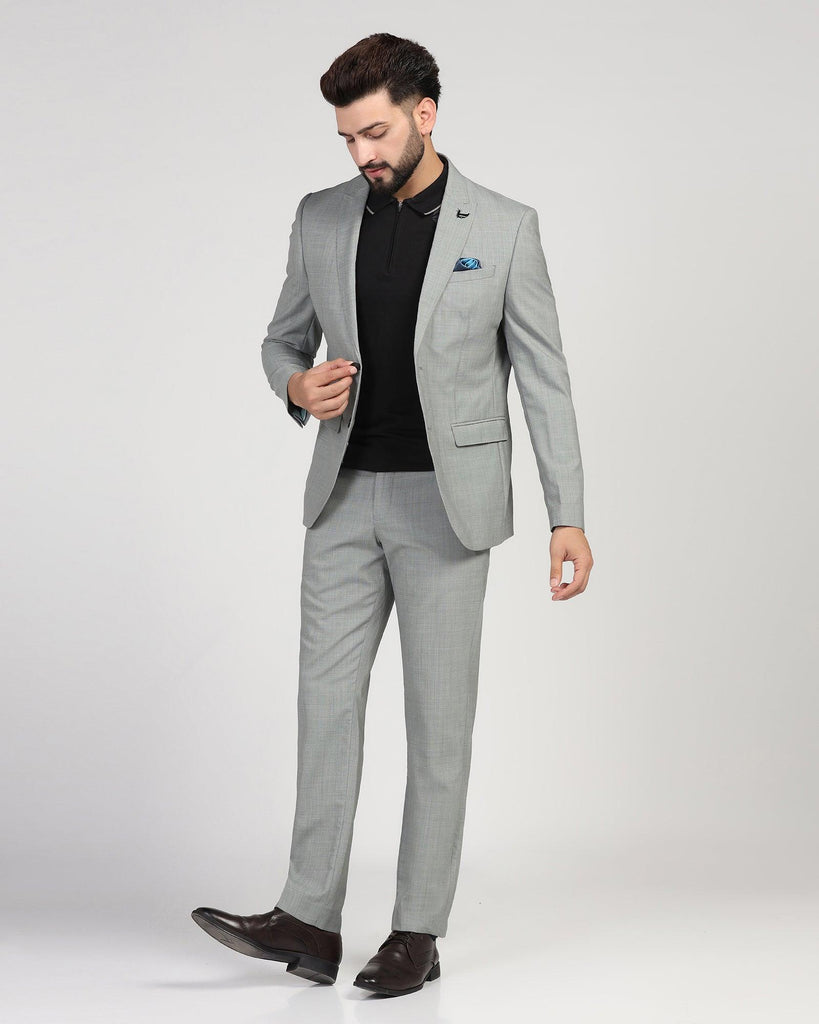 Three Piece Grey Textured Formal Suit - Amtopm