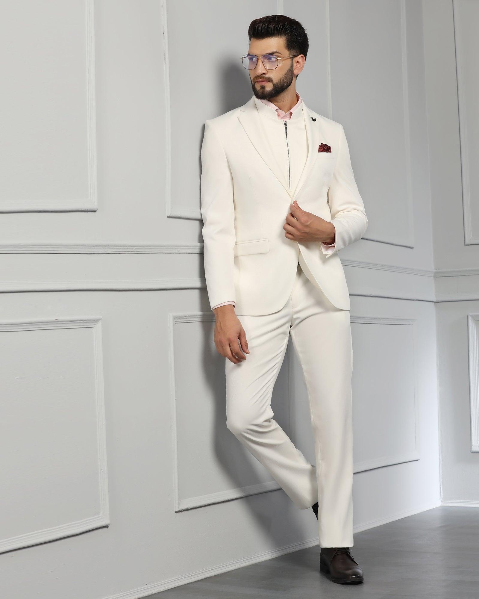 Three Piece Ivory White Textured Formal Suit - Nosfer