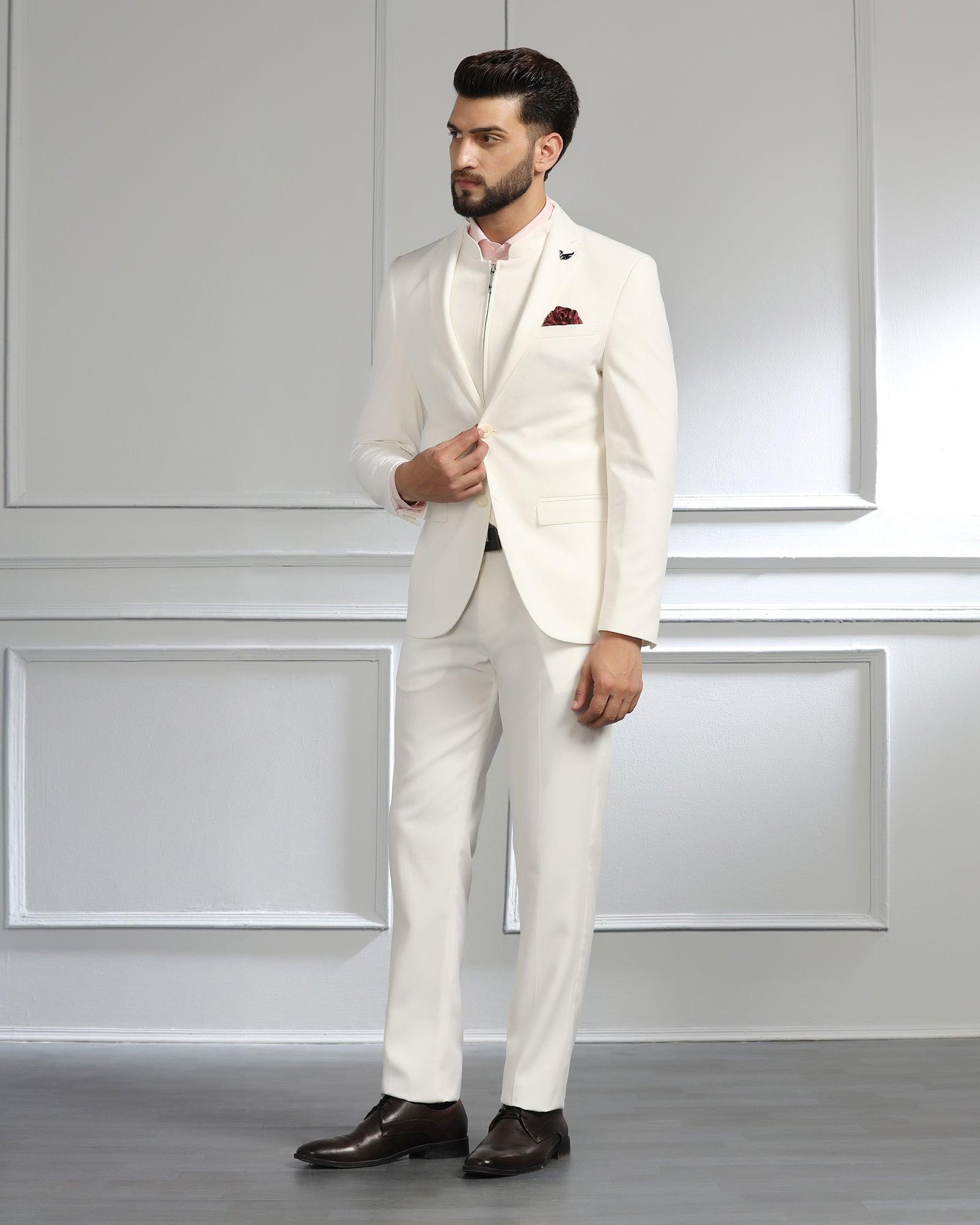 Three Piece Ivory White Textured Formal Suit - Nosfer