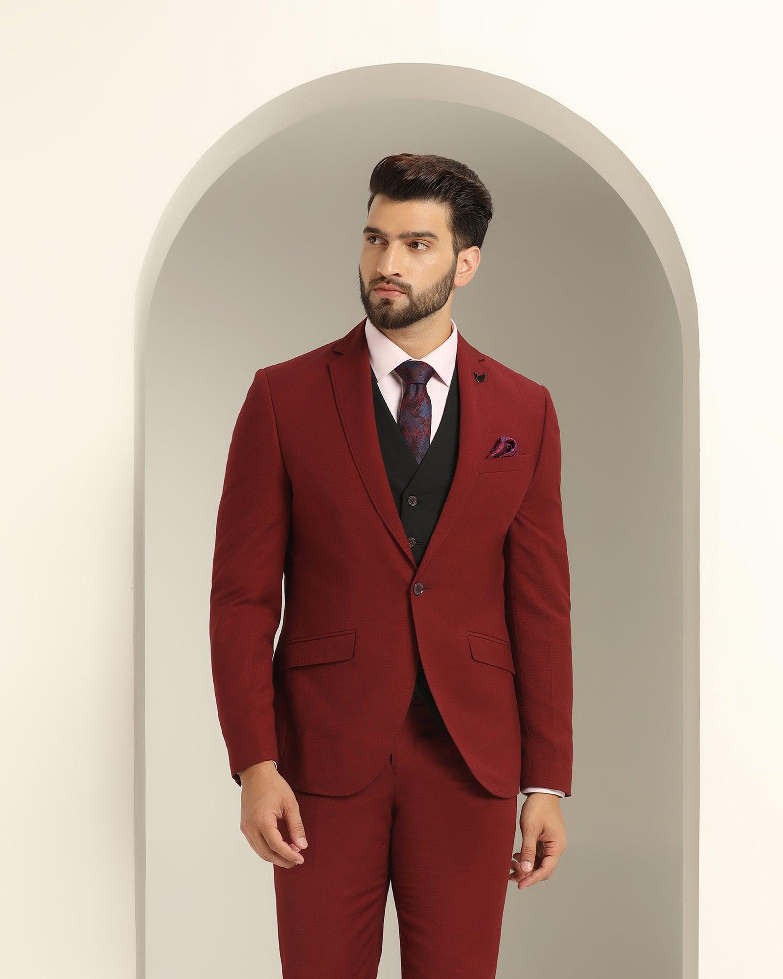 Three Piece Maroon Textured Formal Suit - Xomnia