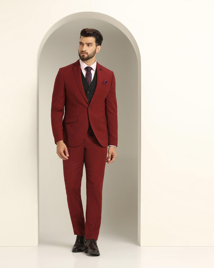 Three Piece Maroon Textured Formal Suit - Xomnia