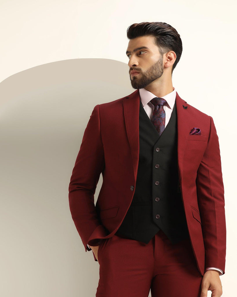 Three Piece Maroon Textured Formal Suit - Xomnia