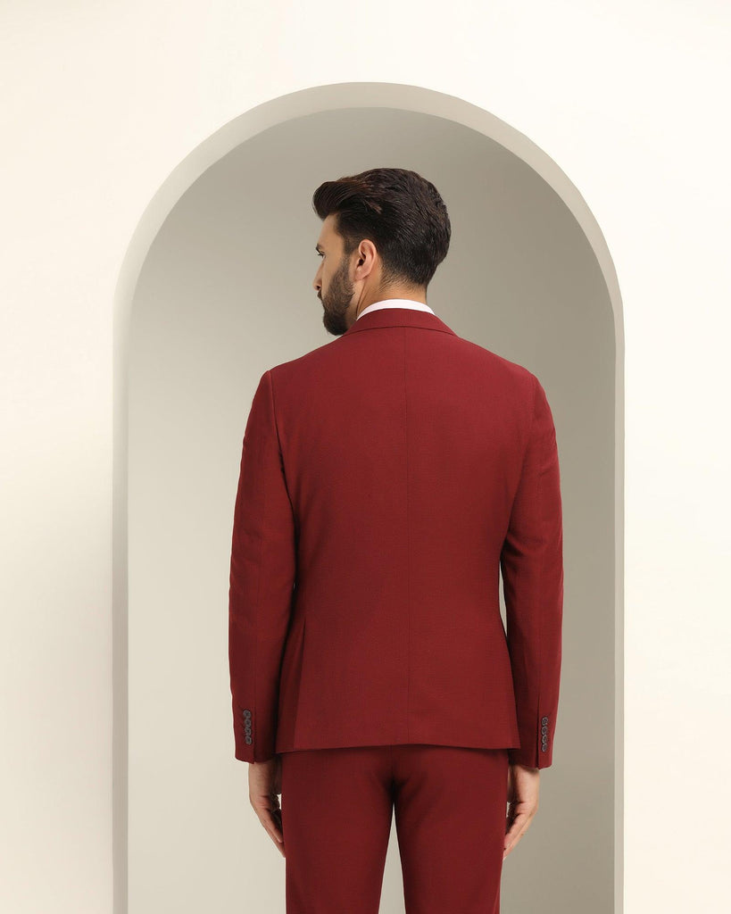 Three Piece Maroon Textured Formal Suit - Xomnia