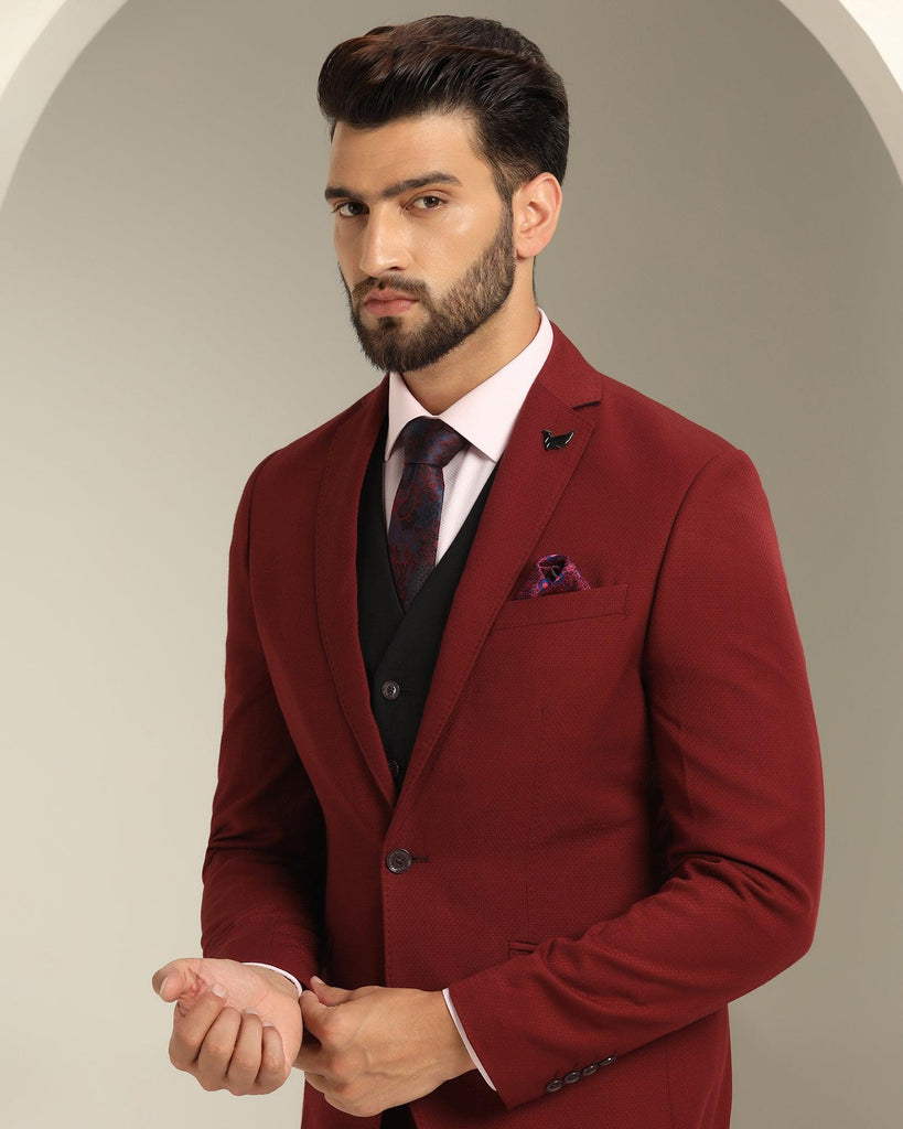 Three Piece Maroon Textured Formal Suit - Xomnia