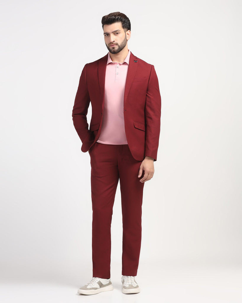 Three Piece Maroon Textured Formal Suit - Xomnia