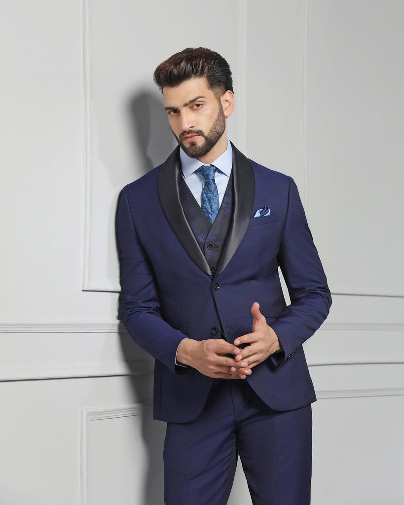 Luxe Three Piece Navy Textured Formal Suit - Vestin