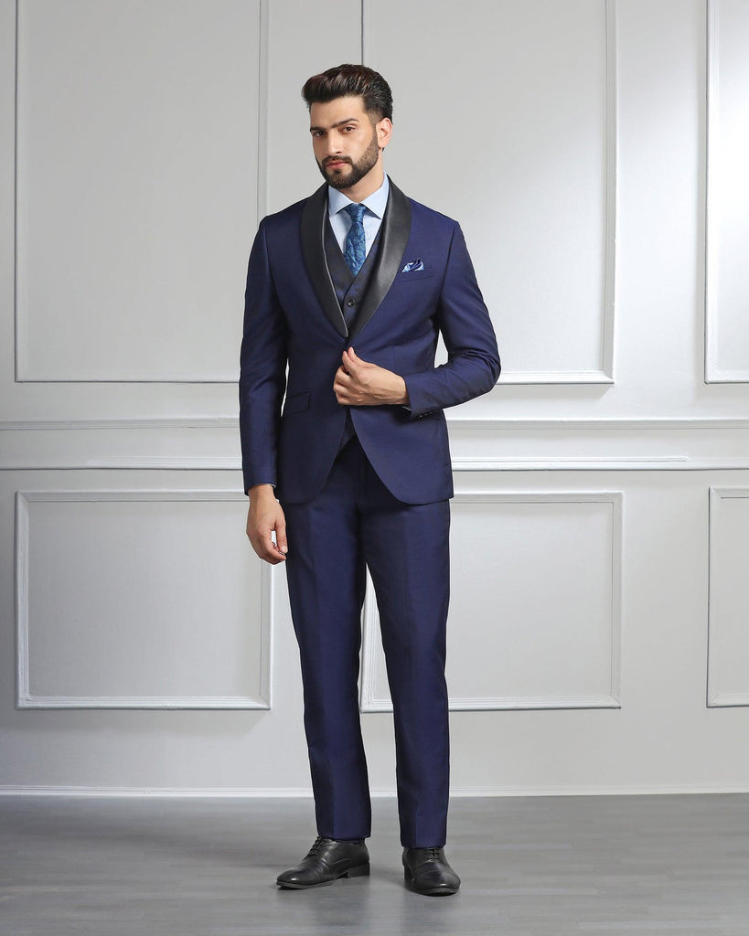 Luxe Three Piece Navy Textured Formal Suit - Vestin