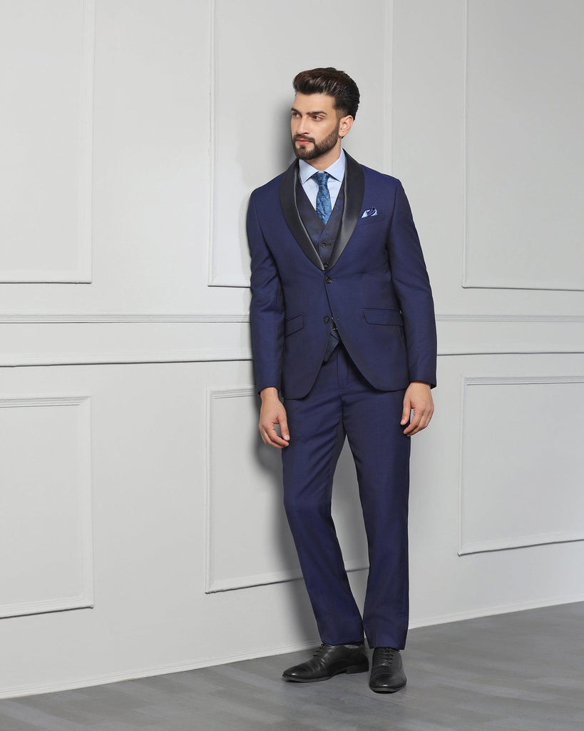Luxe Three Piece Navy Textured Formal Suit - Vestin