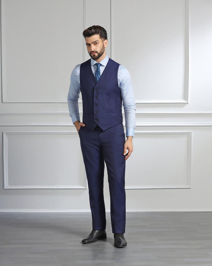 Luxe Three Piece Navy Textured Formal Suit - Vestin