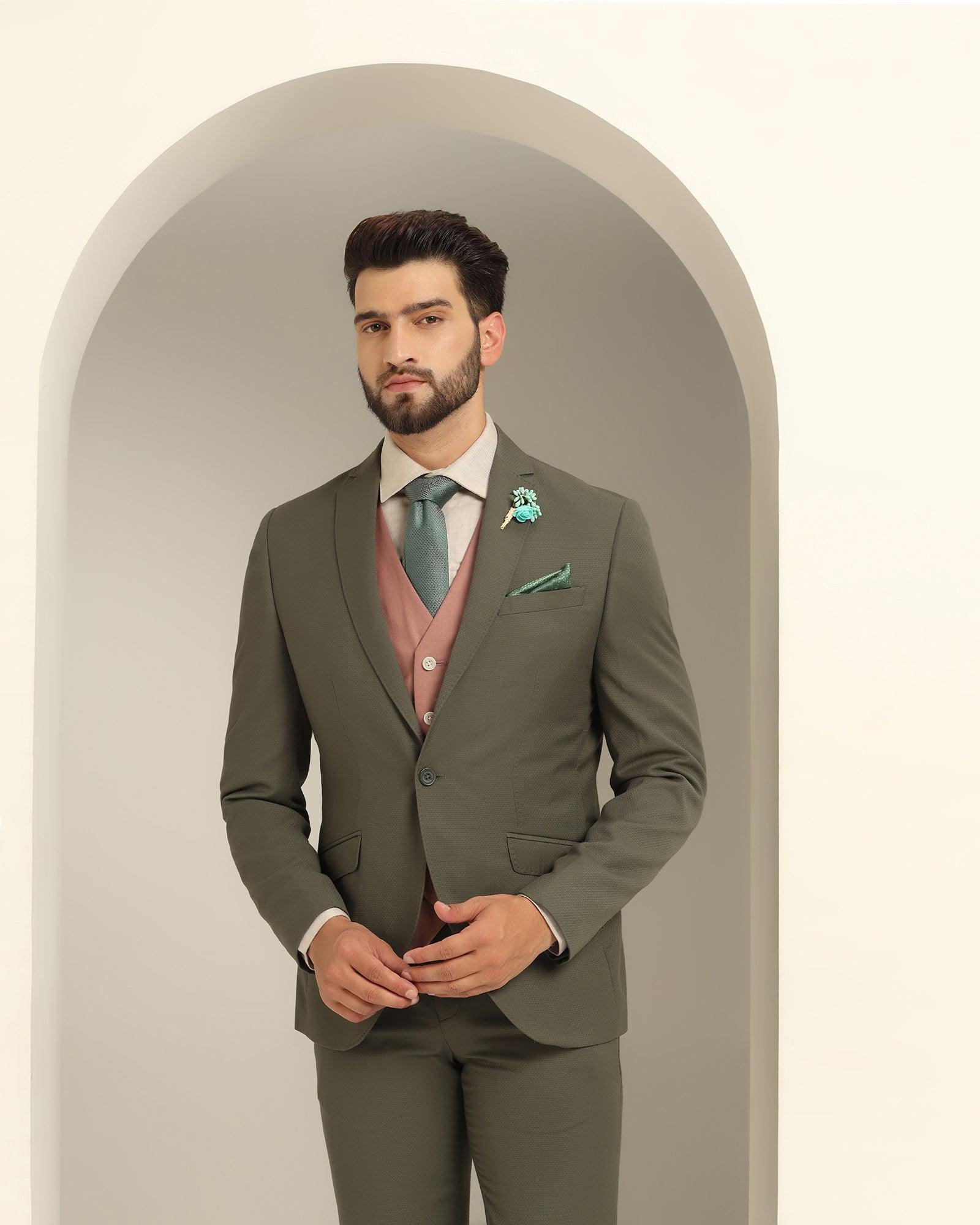Three Piece Olive Textured Formal Suit - Xomnia