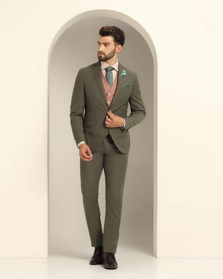 Three Piece Olive Textured Formal Suit - Xomnia