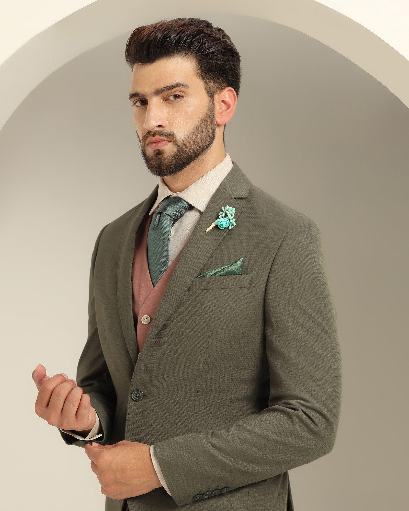 Three Piece Olive Textured Formal Suit - Xomnia