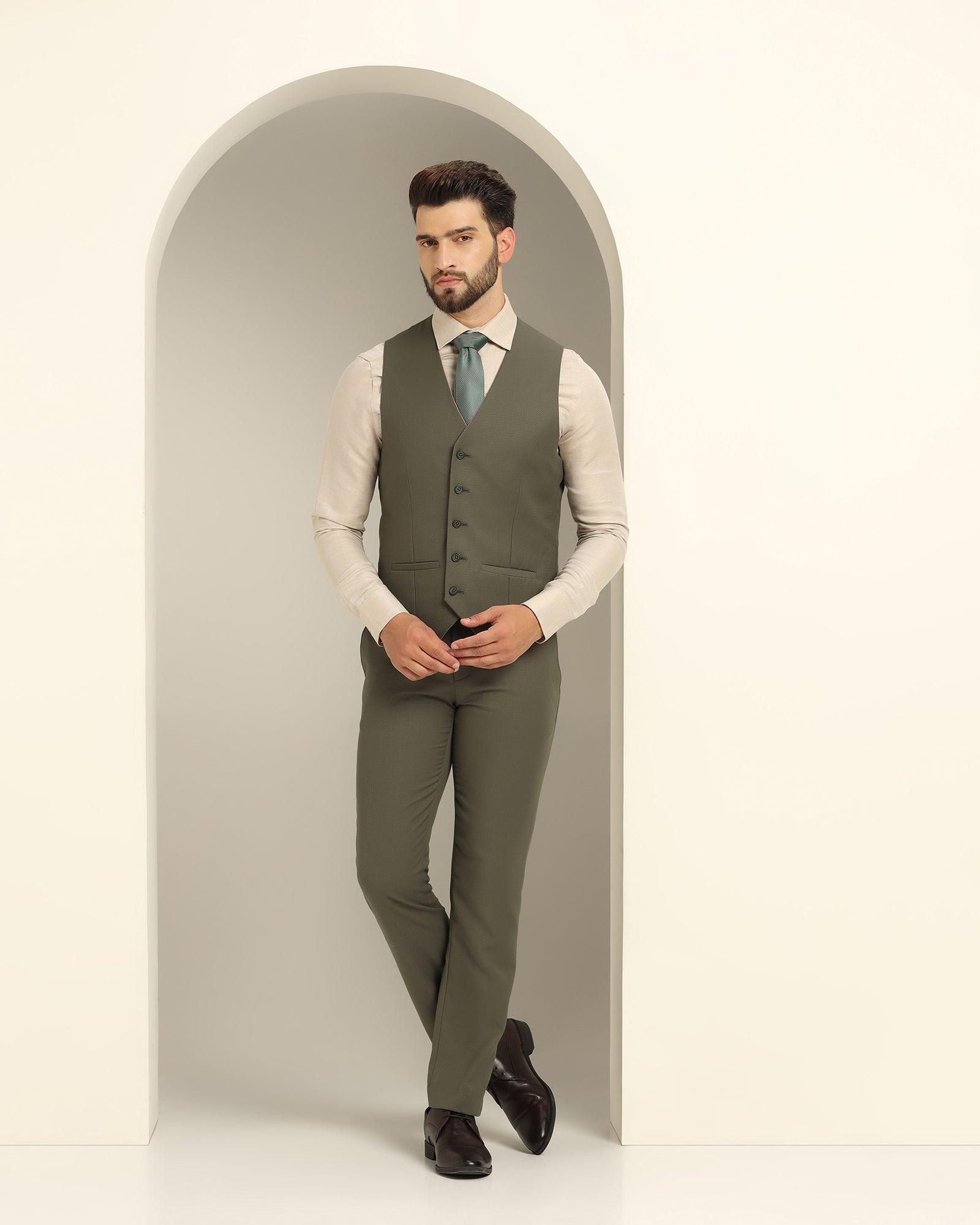 Three Piece Maroon Textured Formal Suit - Xomnia