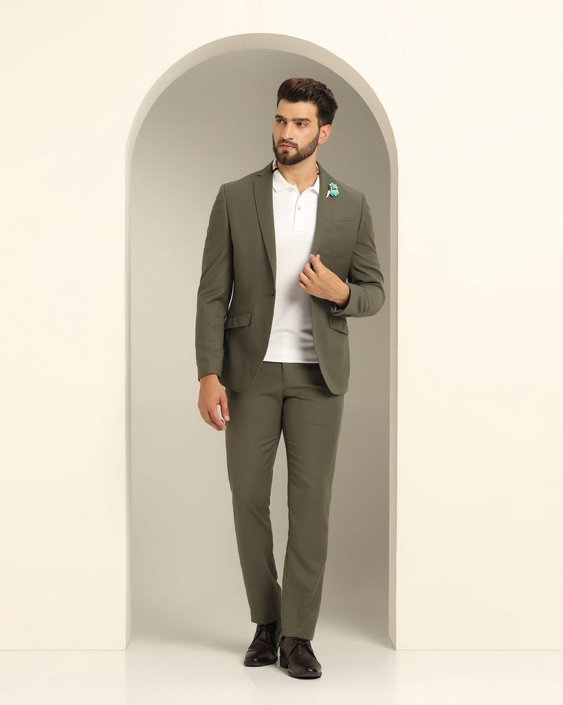 Three Piece Olive Textured Formal Suit - Xomnia