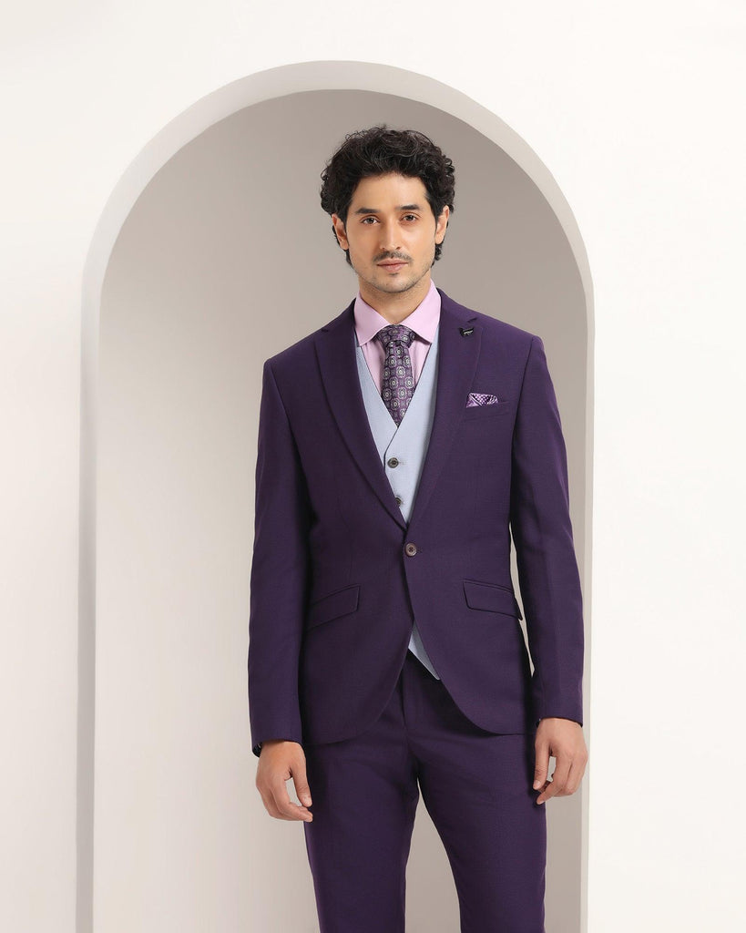 Three Piece Purple Textured Formal Suit - Xomnia