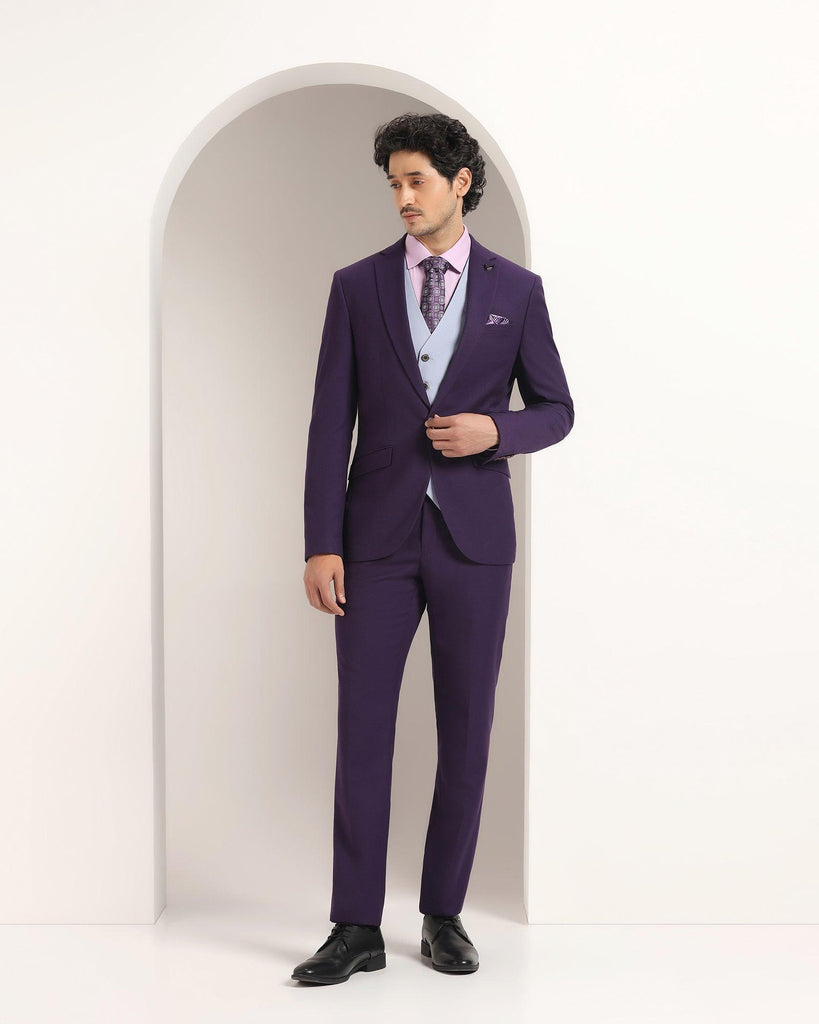 Three Piece Purple Textured Formal Suit - Xomnia