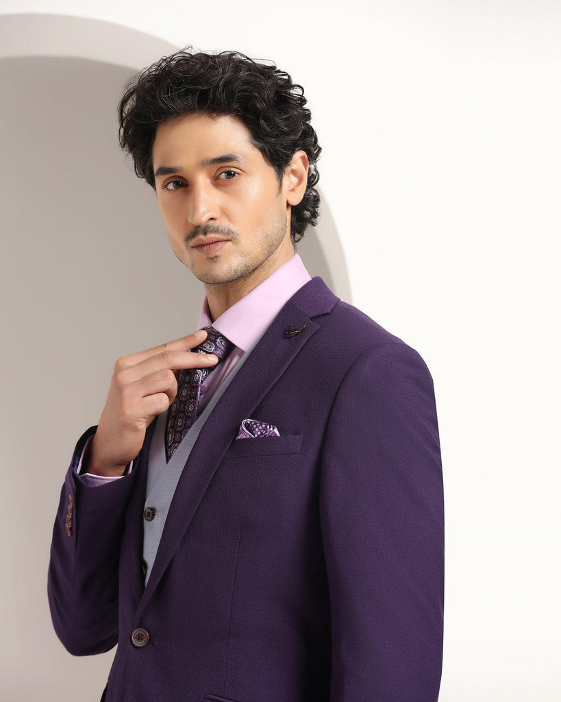 Three Piece Purple Textured Formal Suit - Xomnia