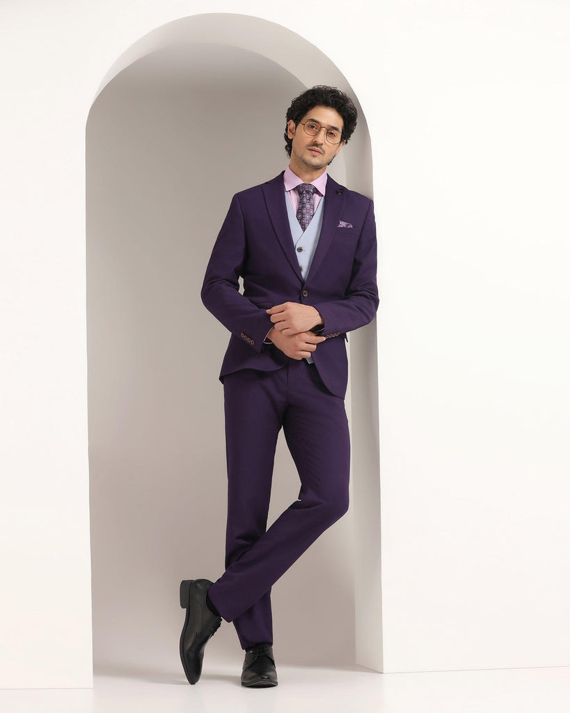 Three Piece Purple Textured Formal Suit - Xomnia