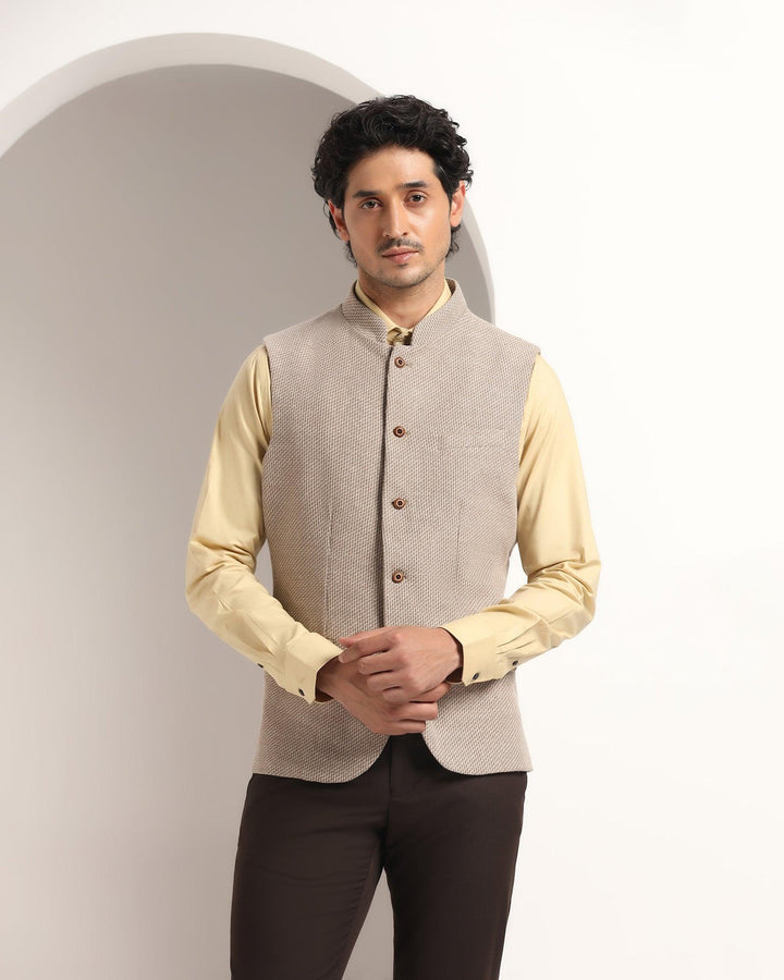 Linen Bandhgala Casual Beige Textured Waistcoat - Juan