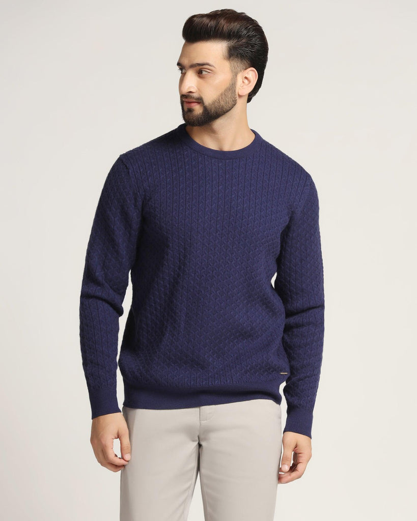 Crew Neck Ink Blue Textured Sweater - Jiggle