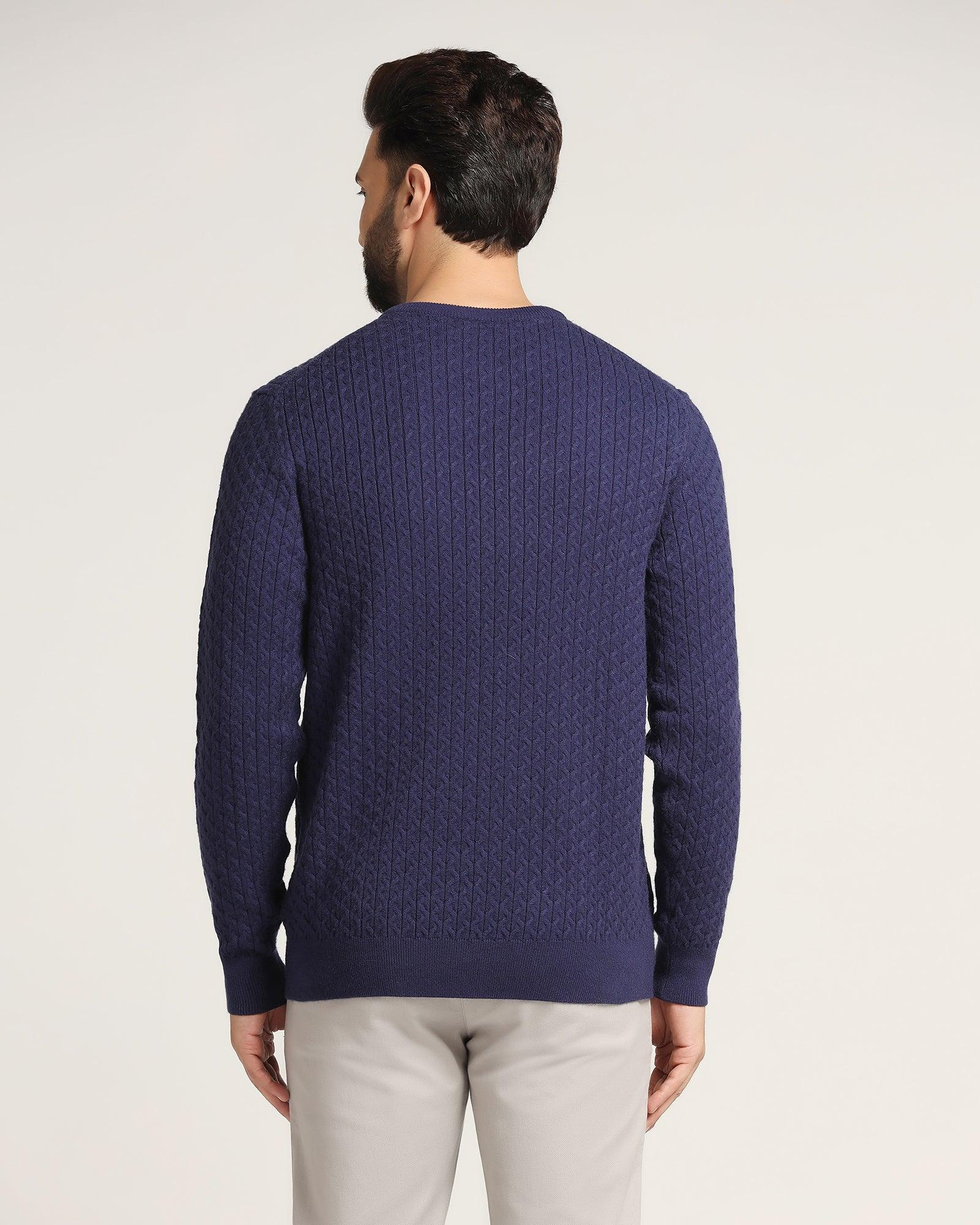 Crew Neck Ink Blue Textured Sweater - Jiggle