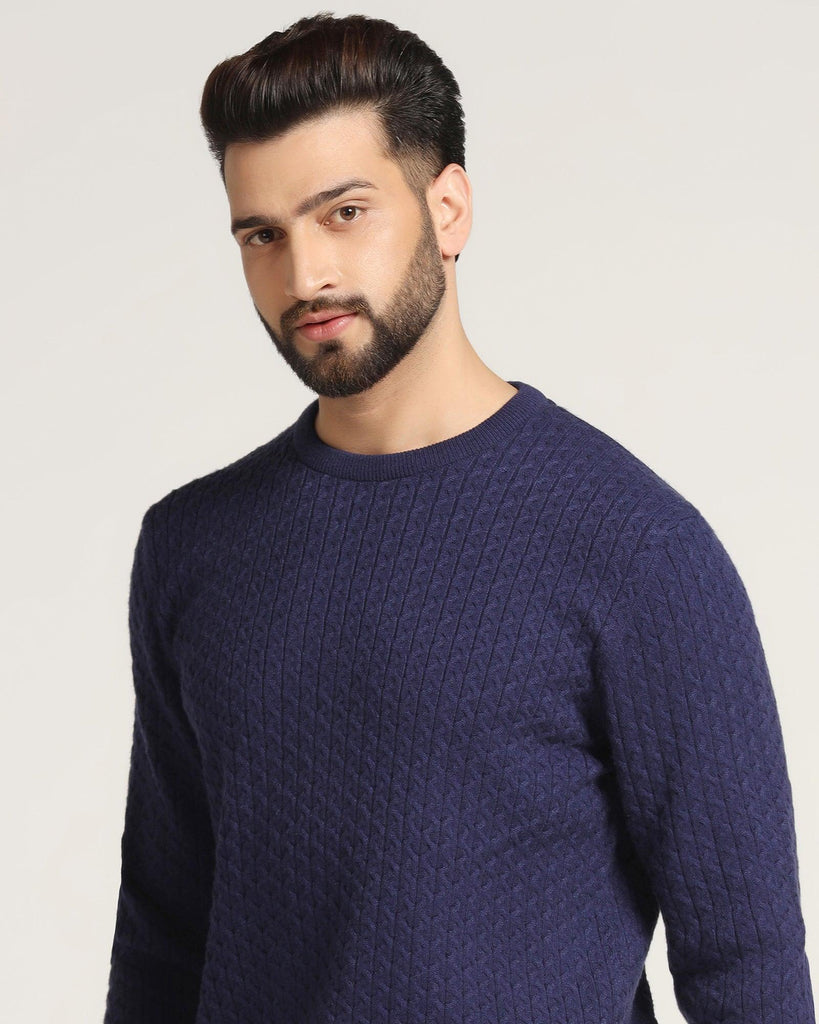 Crew Neck Ink Blue Textured Sweater - Jiggle