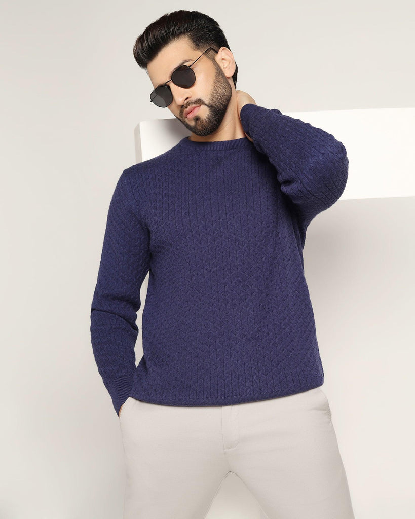 Crew Neck Ink Blue Textured Sweater - Jiggle