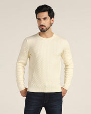 Crew Neck Off White Textured Sweater - Jiggle