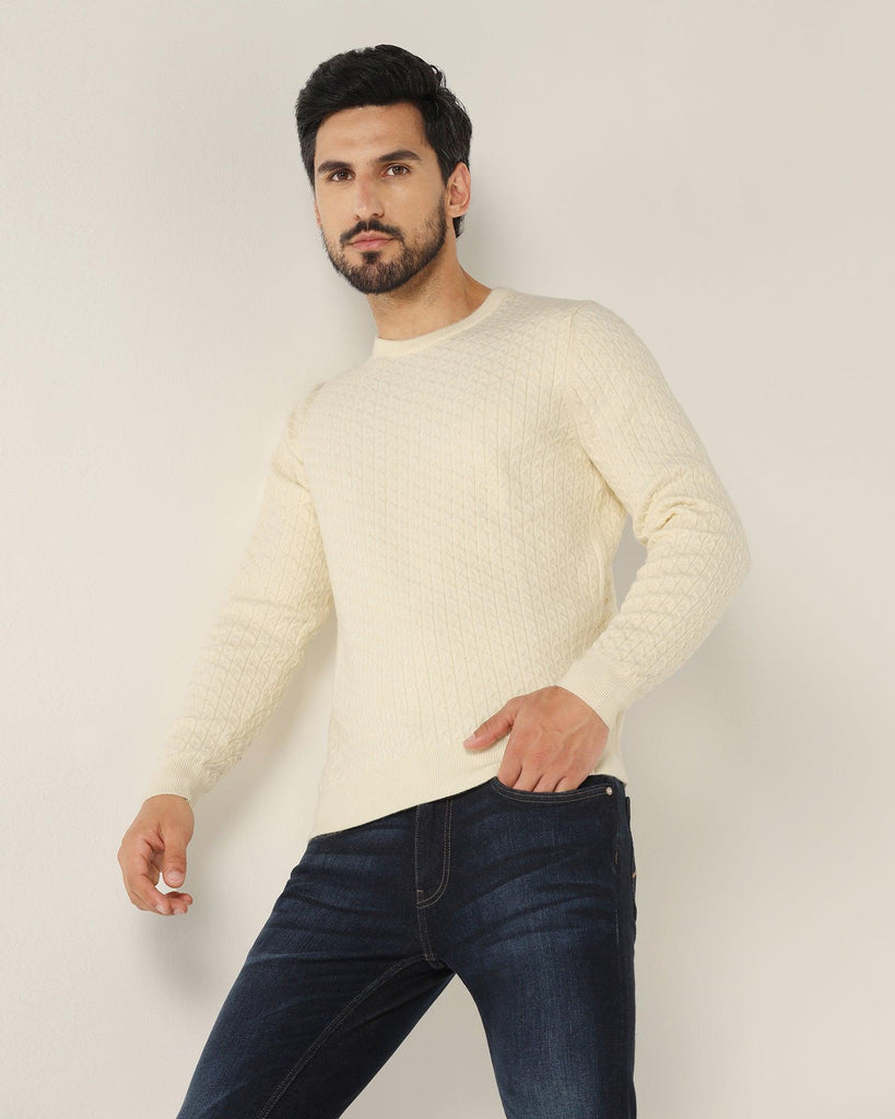 Crew Neck Off White Textured Sweater - Jiggle