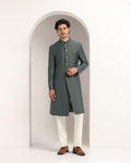 Swarn Two Piece Dark Green Textured Achkan Set - Dimitri - Blackberrys