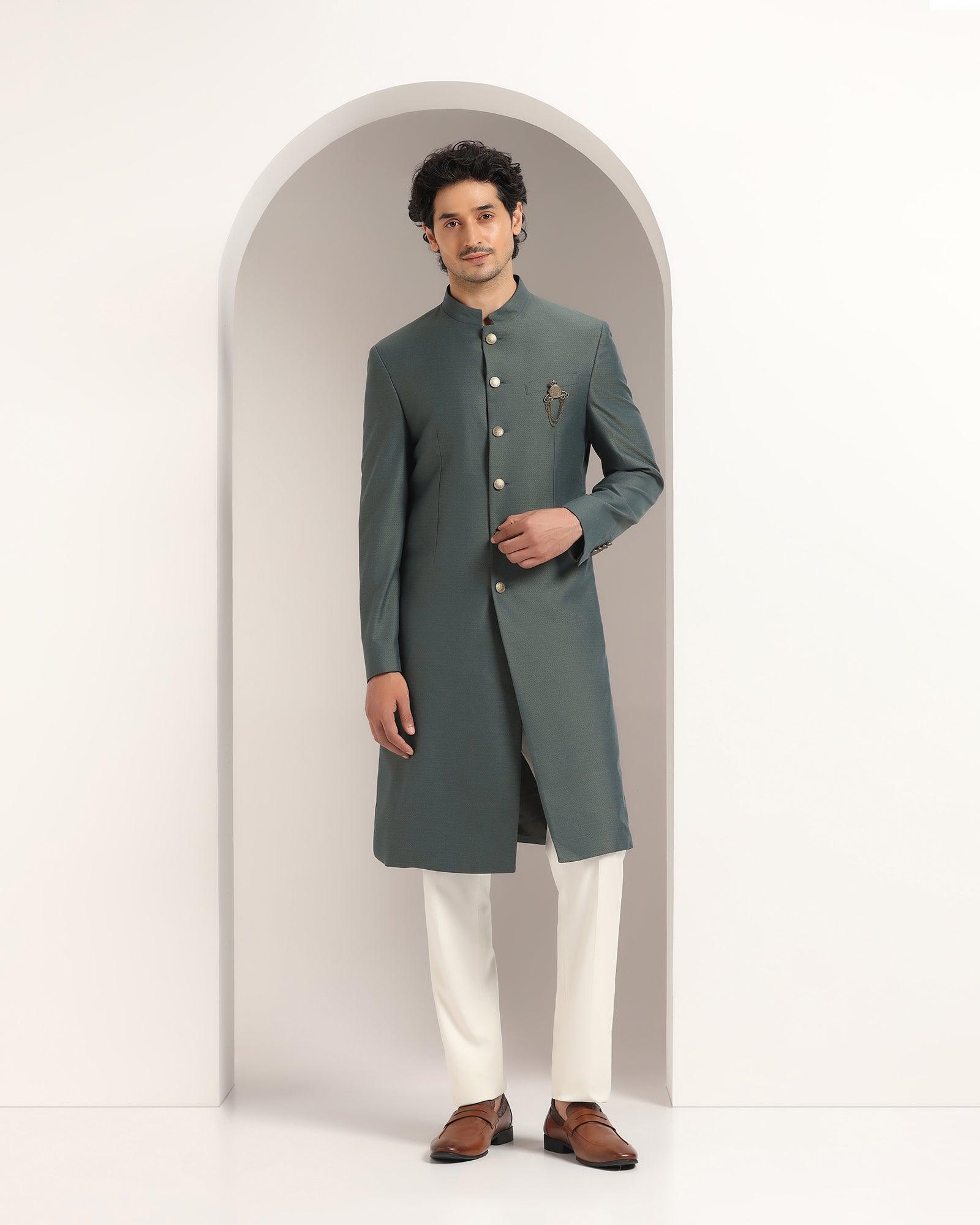Swarn Two Piece Dark Green Textured Achkan Set - Dimitri - Blackberrys