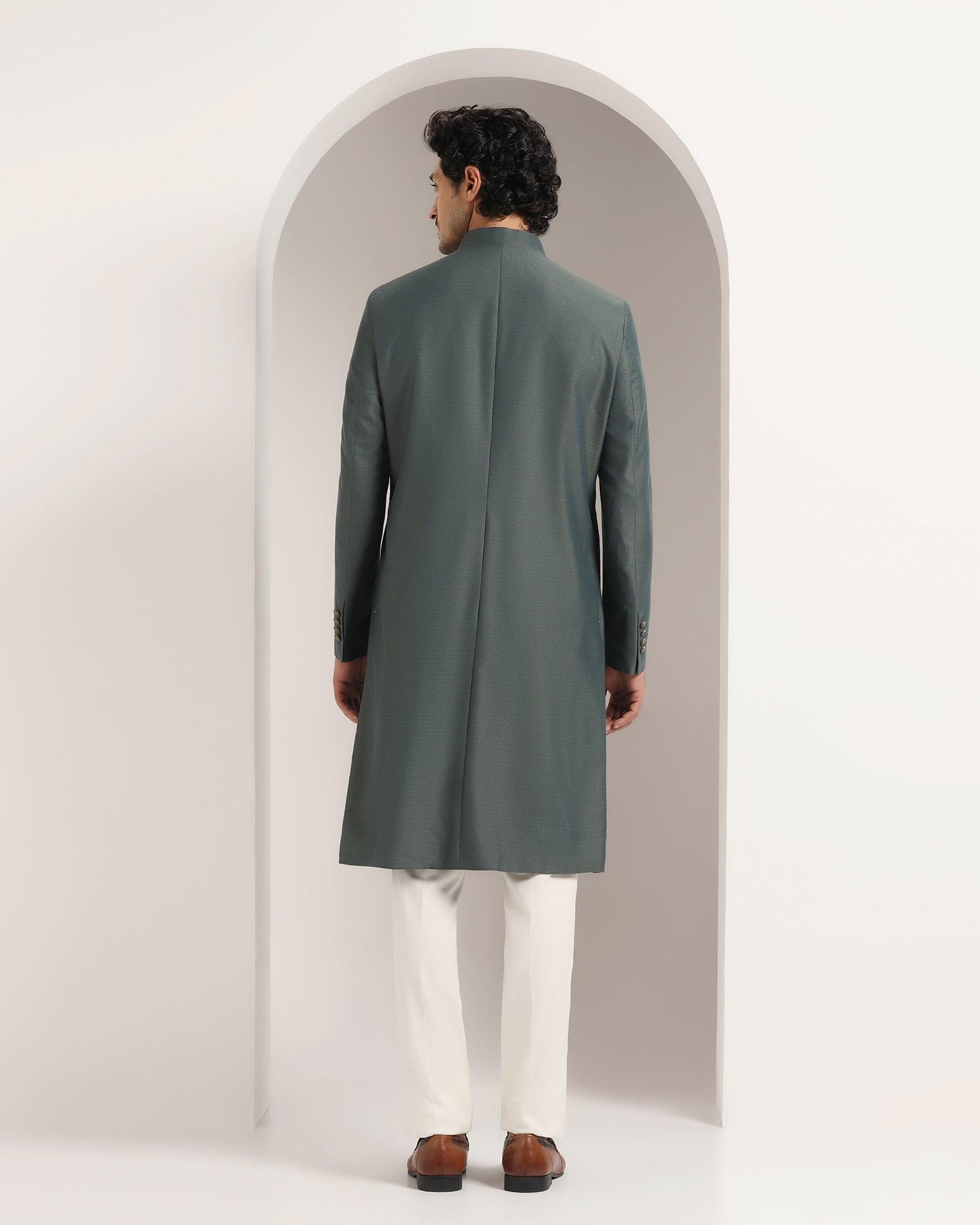 Swarn Two Piece Dark Green Textured Achkan Set - Dimitri - Blackberrys