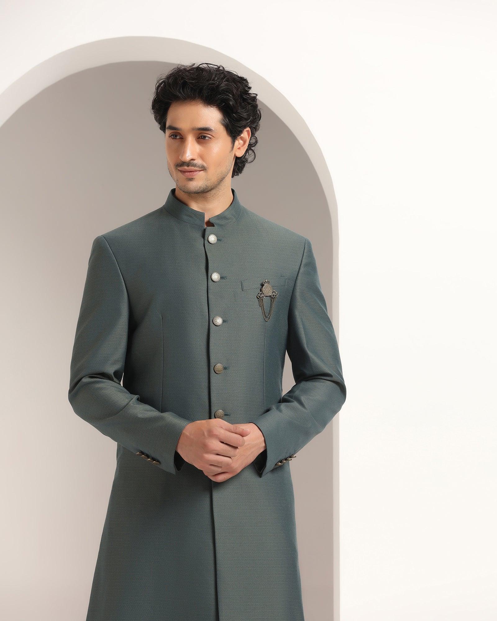 Swarn Two Piece Dark Green Textured Achkan Set - Dimitri - Blackberrys