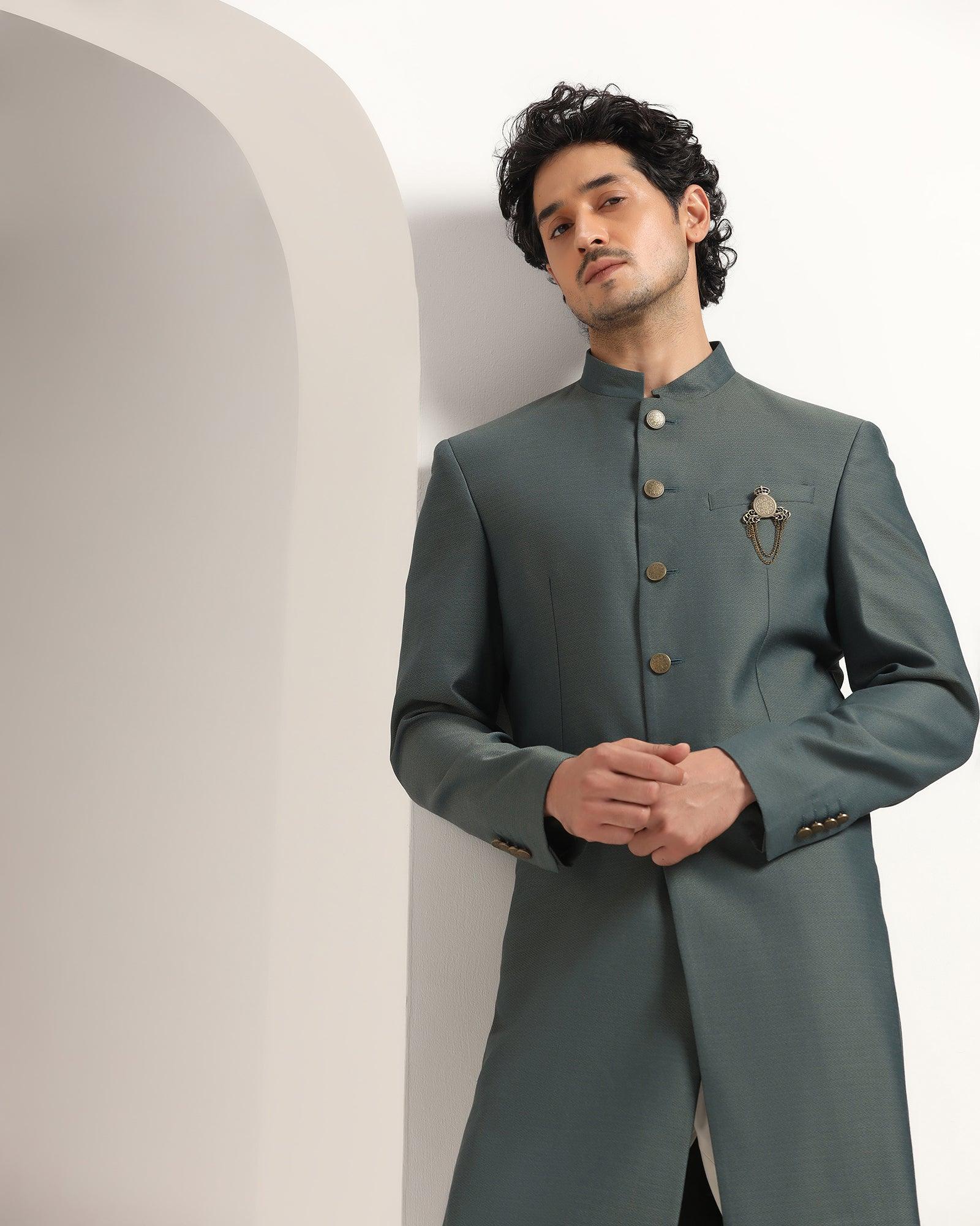 Swarn Two Piece Dark Green Textured Achkan Set - Dimitri - Blackberrys