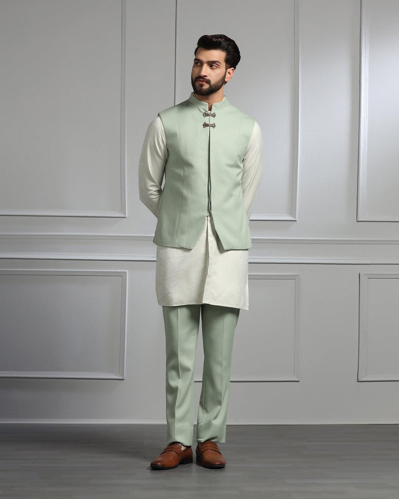 Swarn Three Piece Green Textured Achkan Set - Dodget