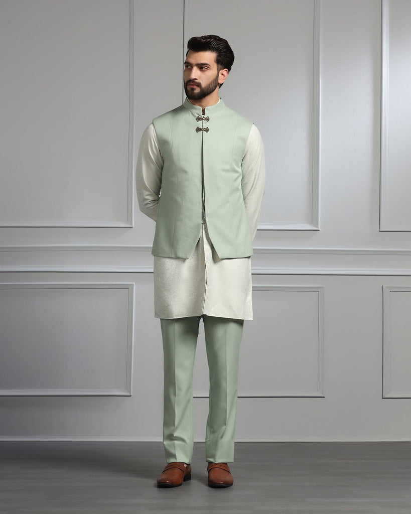 Swarn Two Piece Green Textured Achkan Set - Dodget