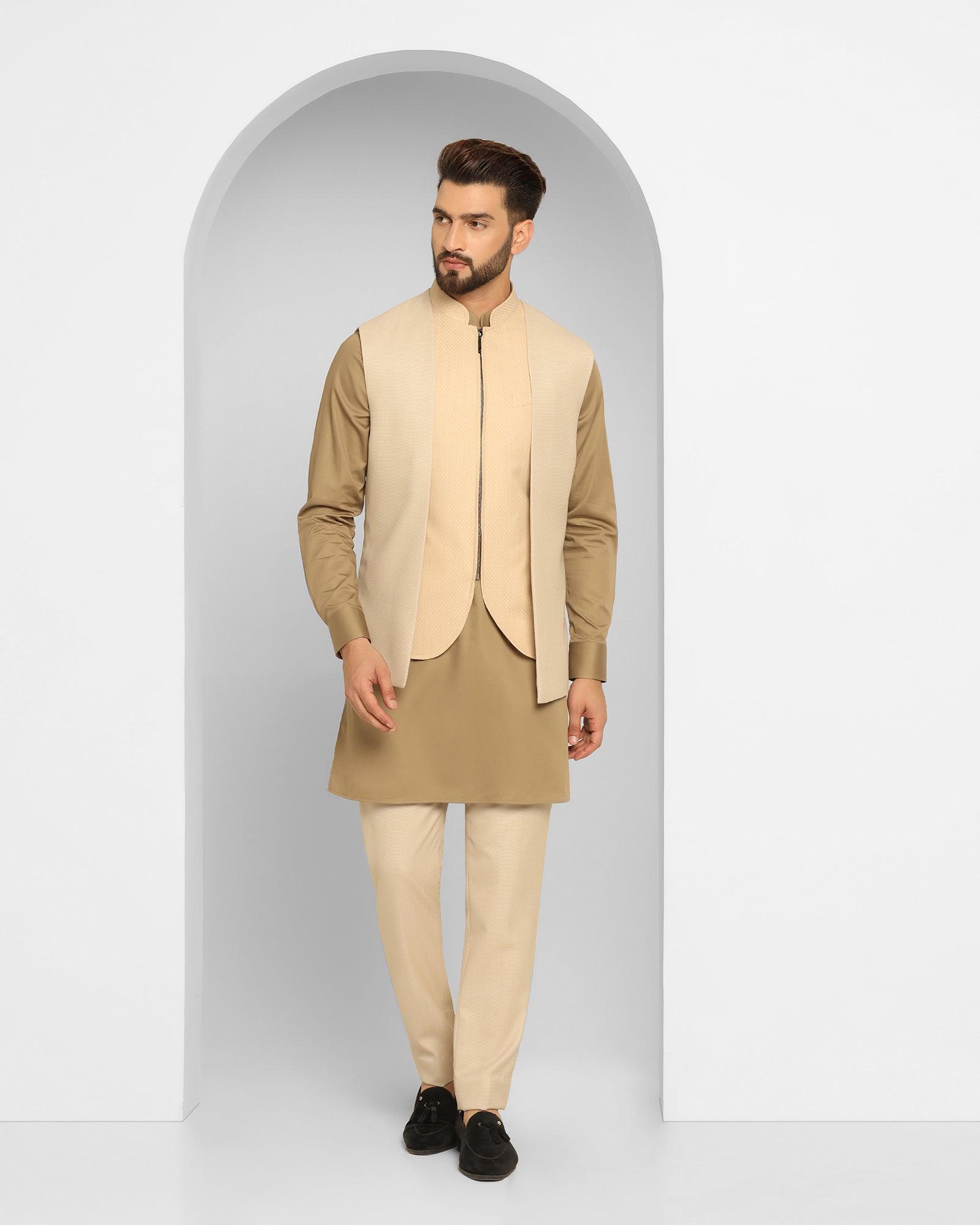 Beige Swarn Textured Achkan Set - Cosmo