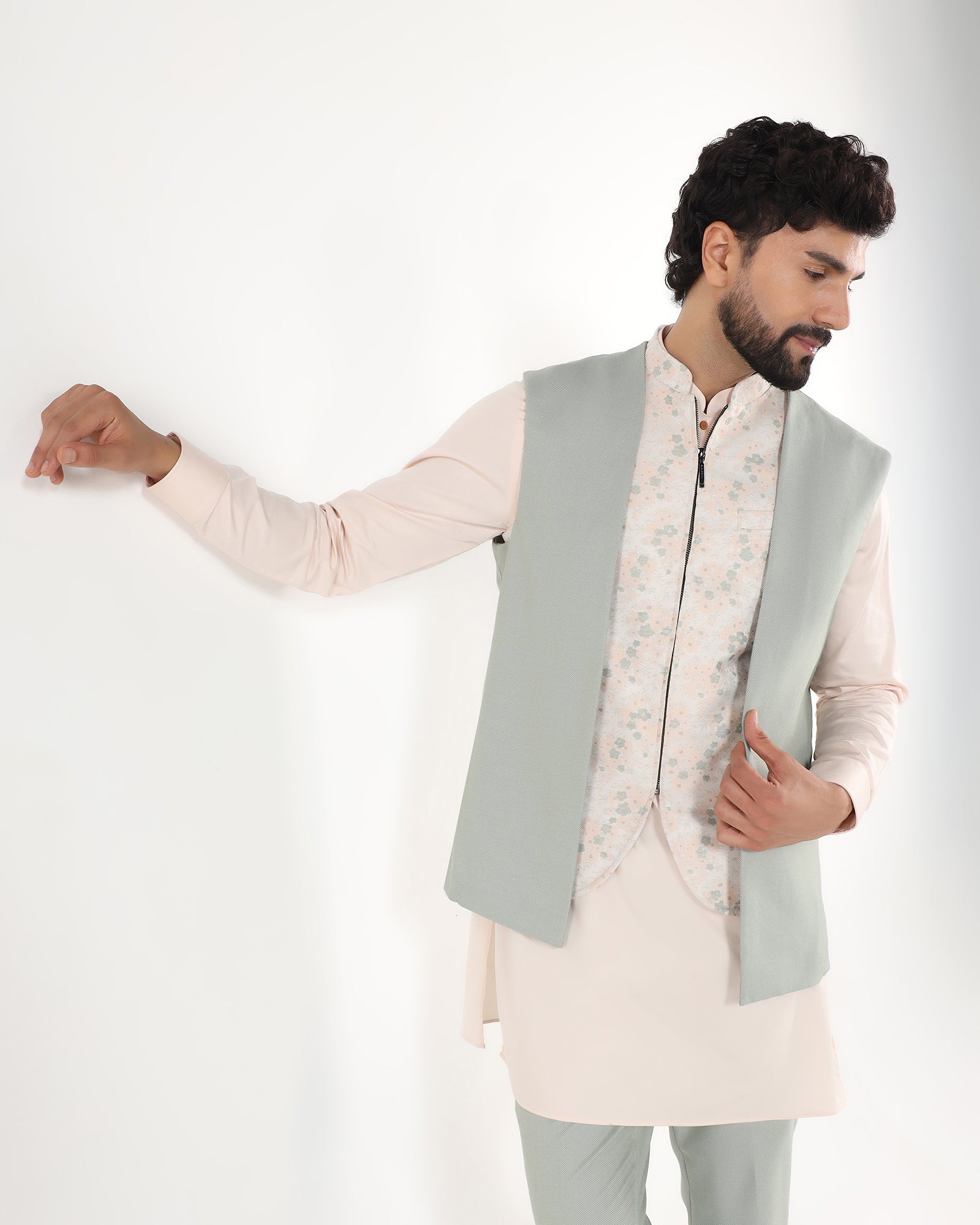 Mint Swarn Textured Achkan Set - Cortez