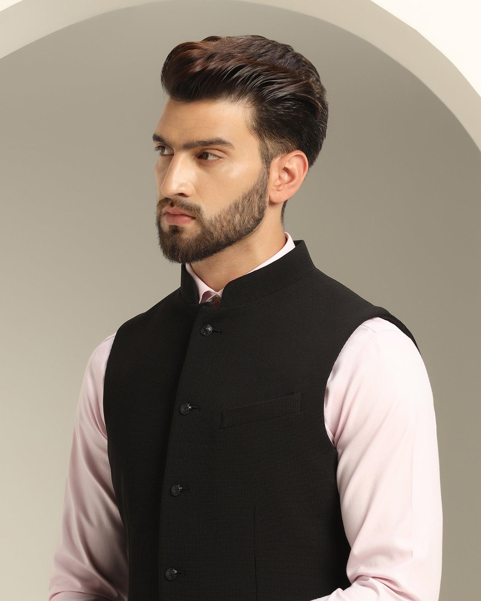 Bandhgala Formal Black Textured Waistcoat - Echo