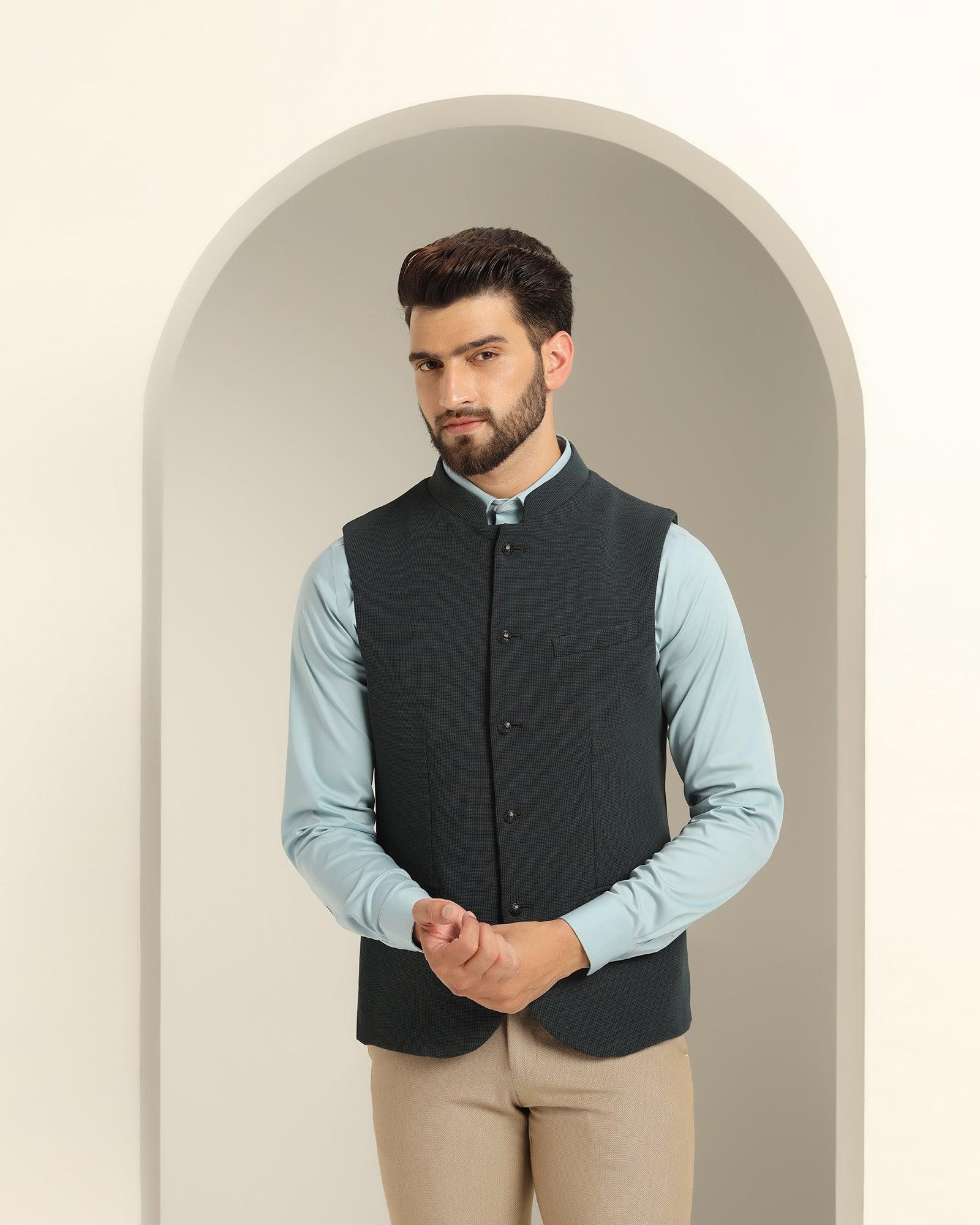 Bandhgala Formal Bottle Green Textured Waistcoat - Echo
