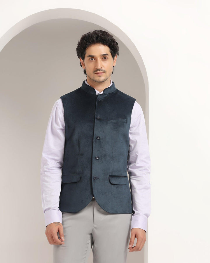 Bandhgala Formal Teal Textured Waistcoat - Kasban