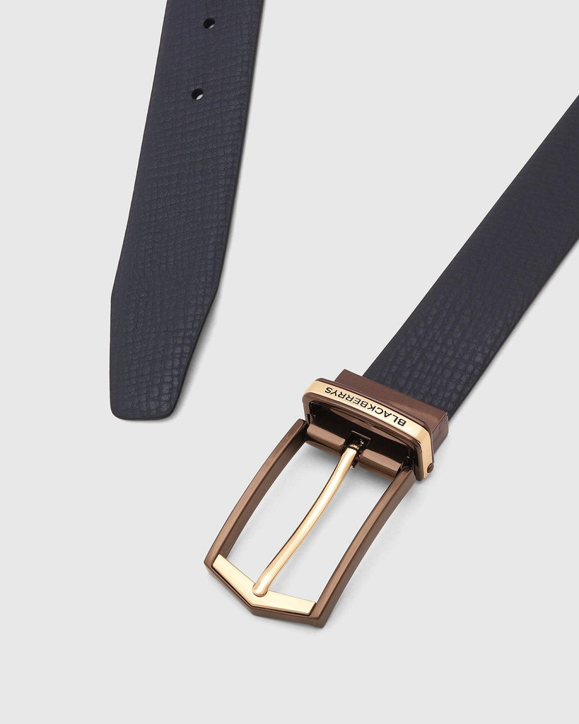 Leather Reversible Navy Brown Textured Belt - Texas