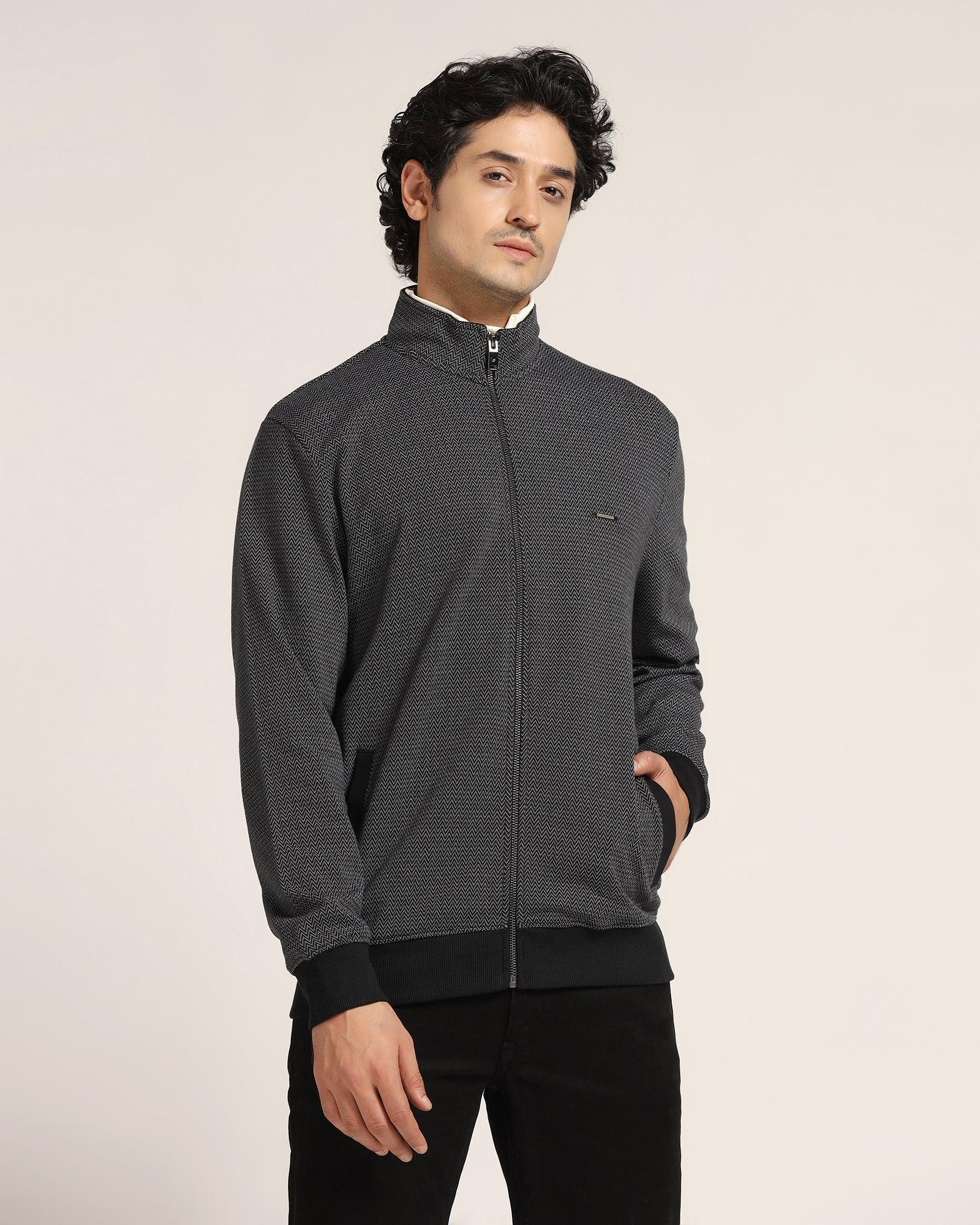 High Neck Black Textured Sweatshirt - Sept
