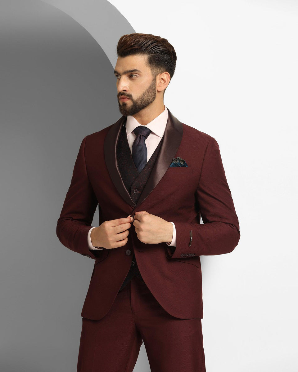 Tuxedo Three Piece Burgandy Textured Formal Suit - Thayer