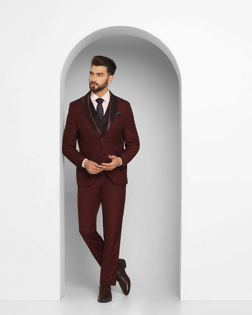 Tuxedo Three Piece Burgandy Textured Formal Suit - Thayer