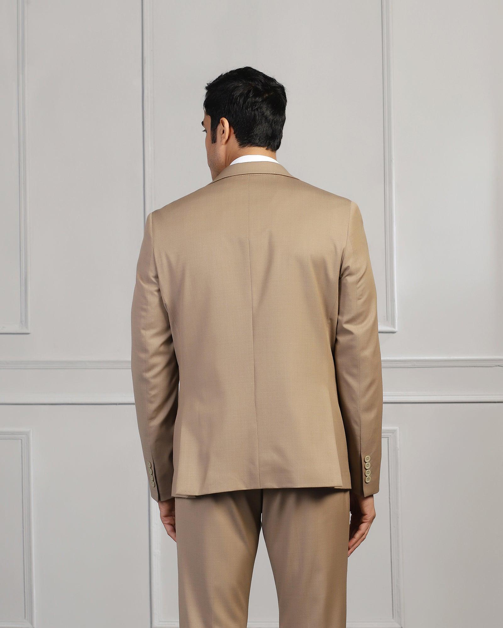 Three Piece Beige Solid Formal Suit - Beryl