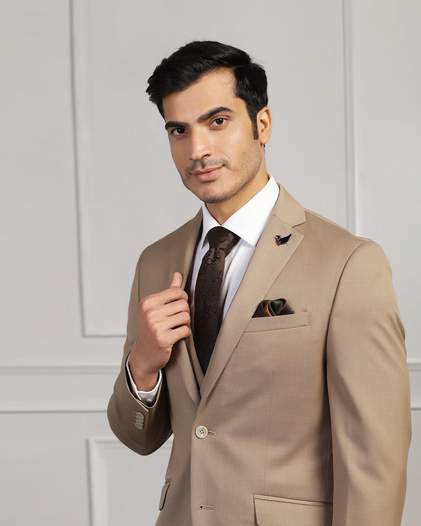 Three Piece Beige Solid Formal Suit - Beryl