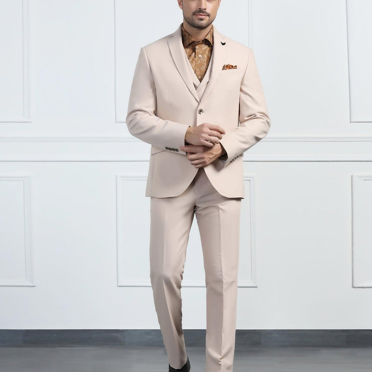 Three Piece Beige Solid Formal Suits